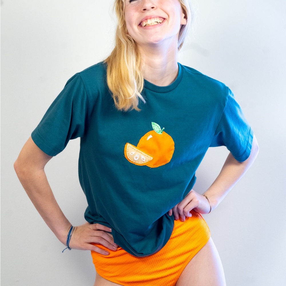 Blue Shirt With Orange Patchwork! - image 2